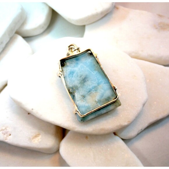 Larimar Rough  Free Form Sterling Silver Pendant  Caribbean Stone Dolphin Stone - Picture 8 of 10